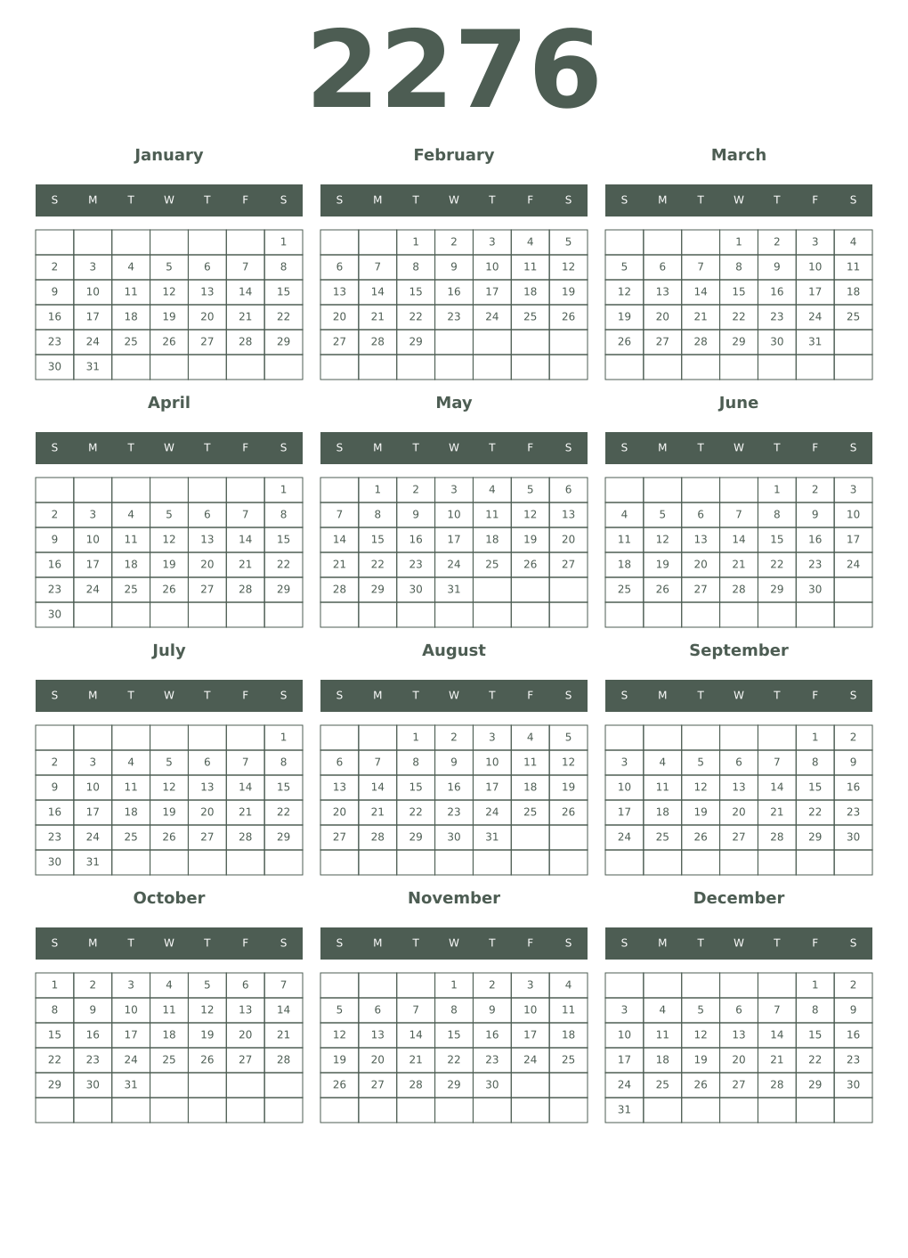 Printable 2276 Year Calendars feldgrau