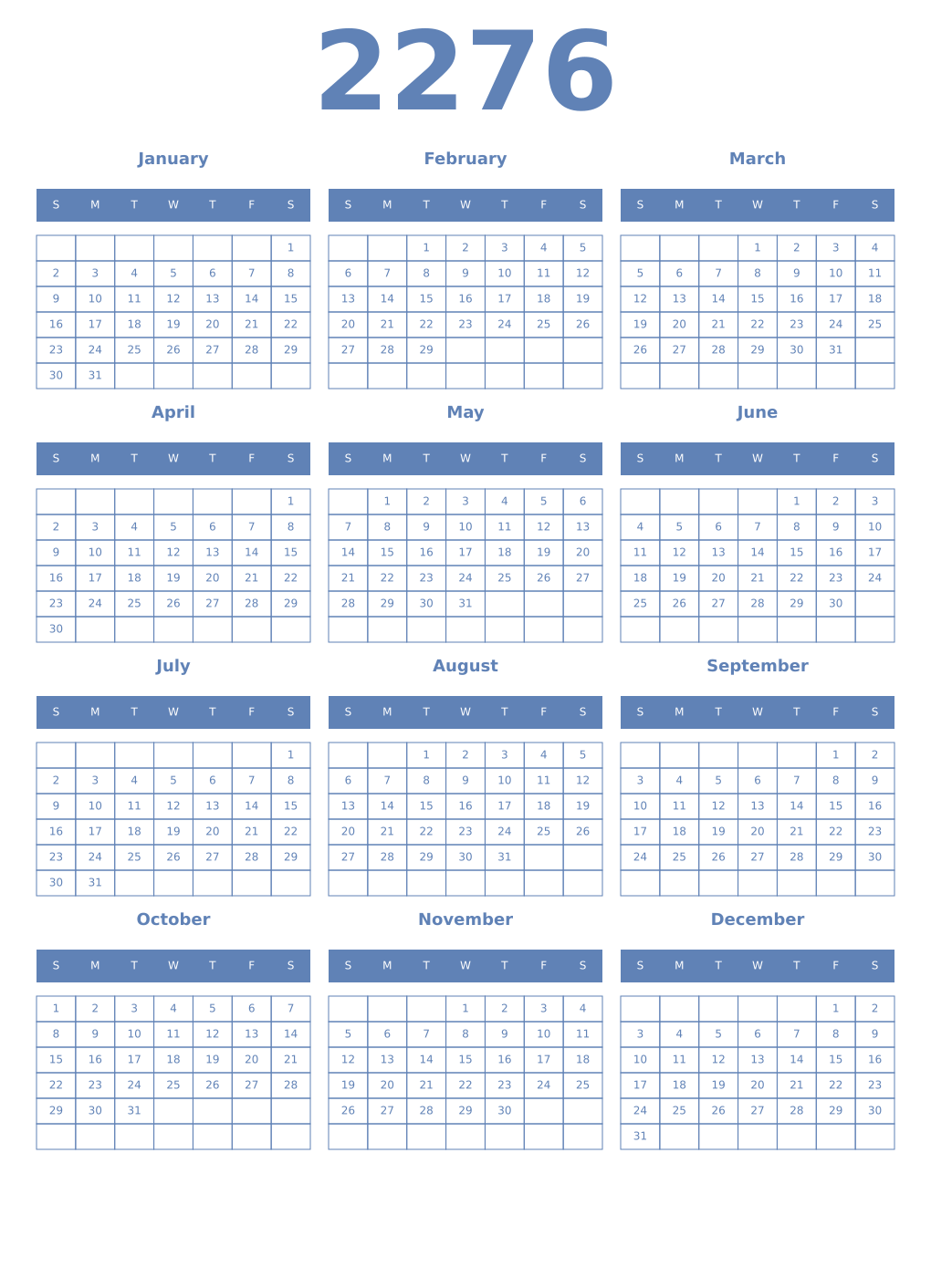 Printable 2276 Year Calendars glaucous