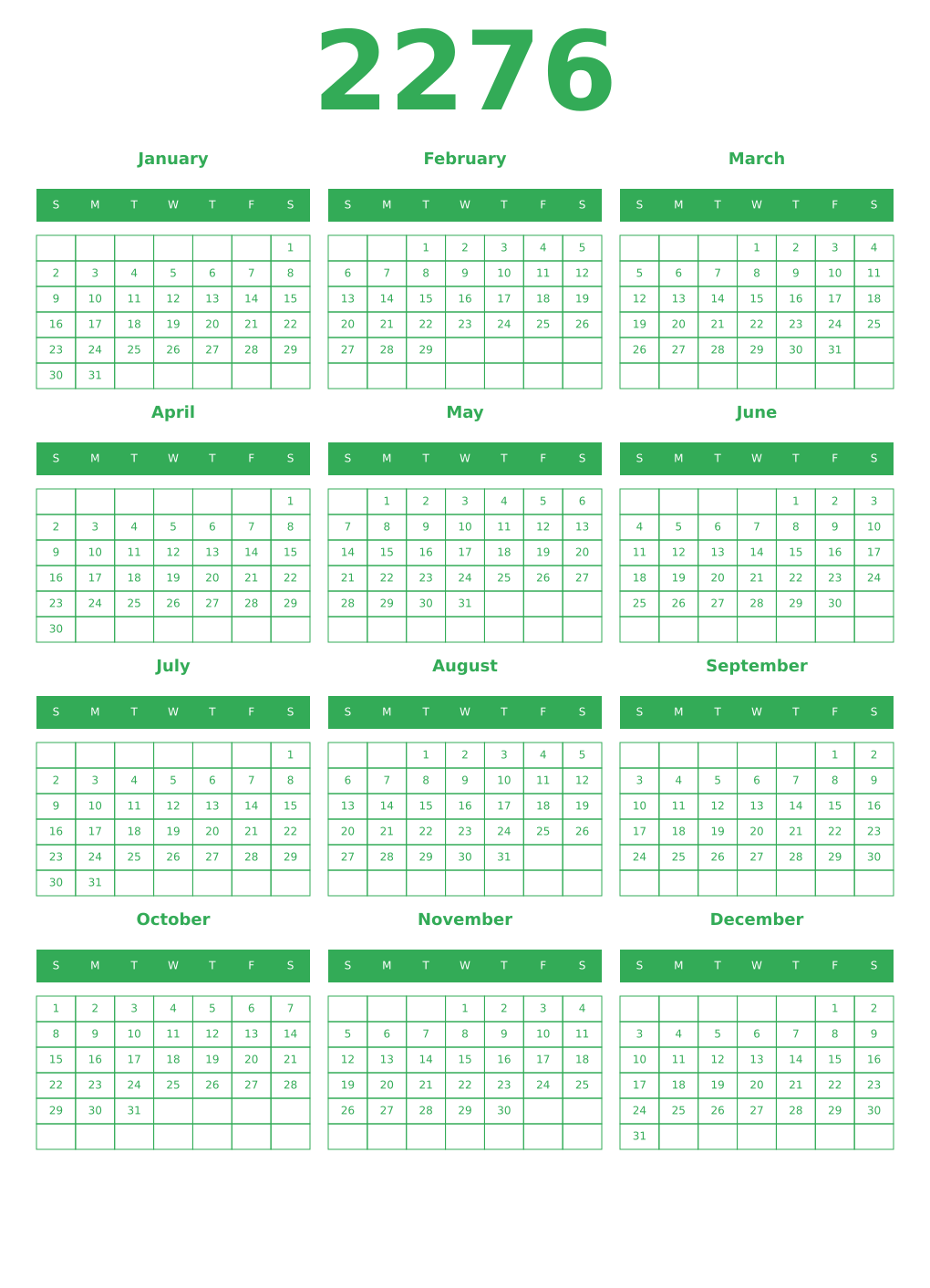 Printable 2276 Year Calendars green