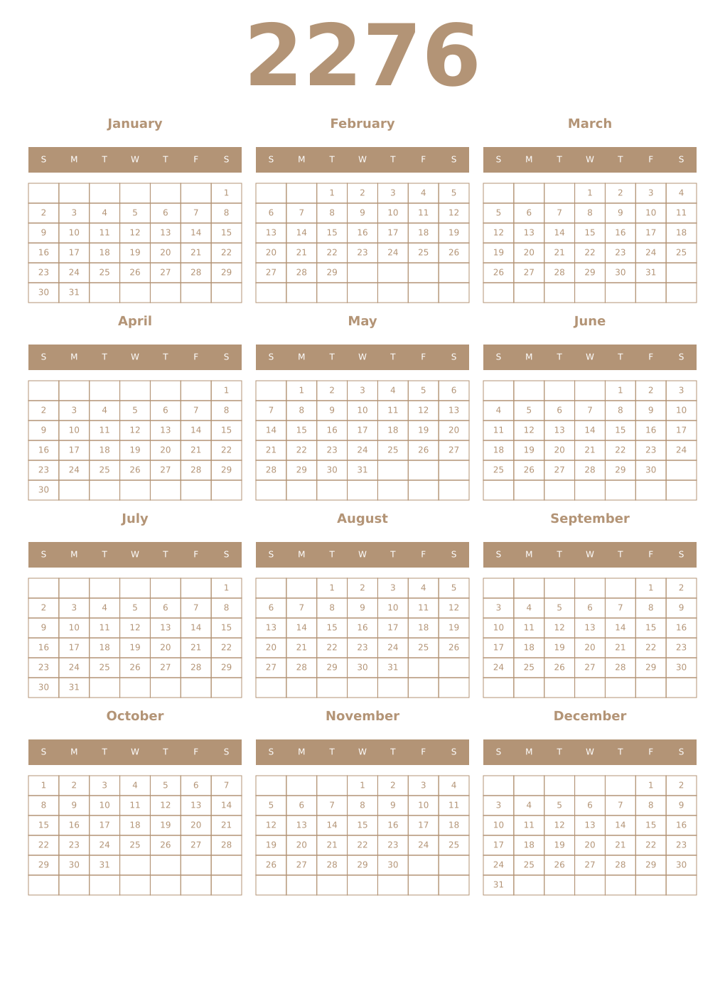 Printable 2276 Year Calendars isabelline