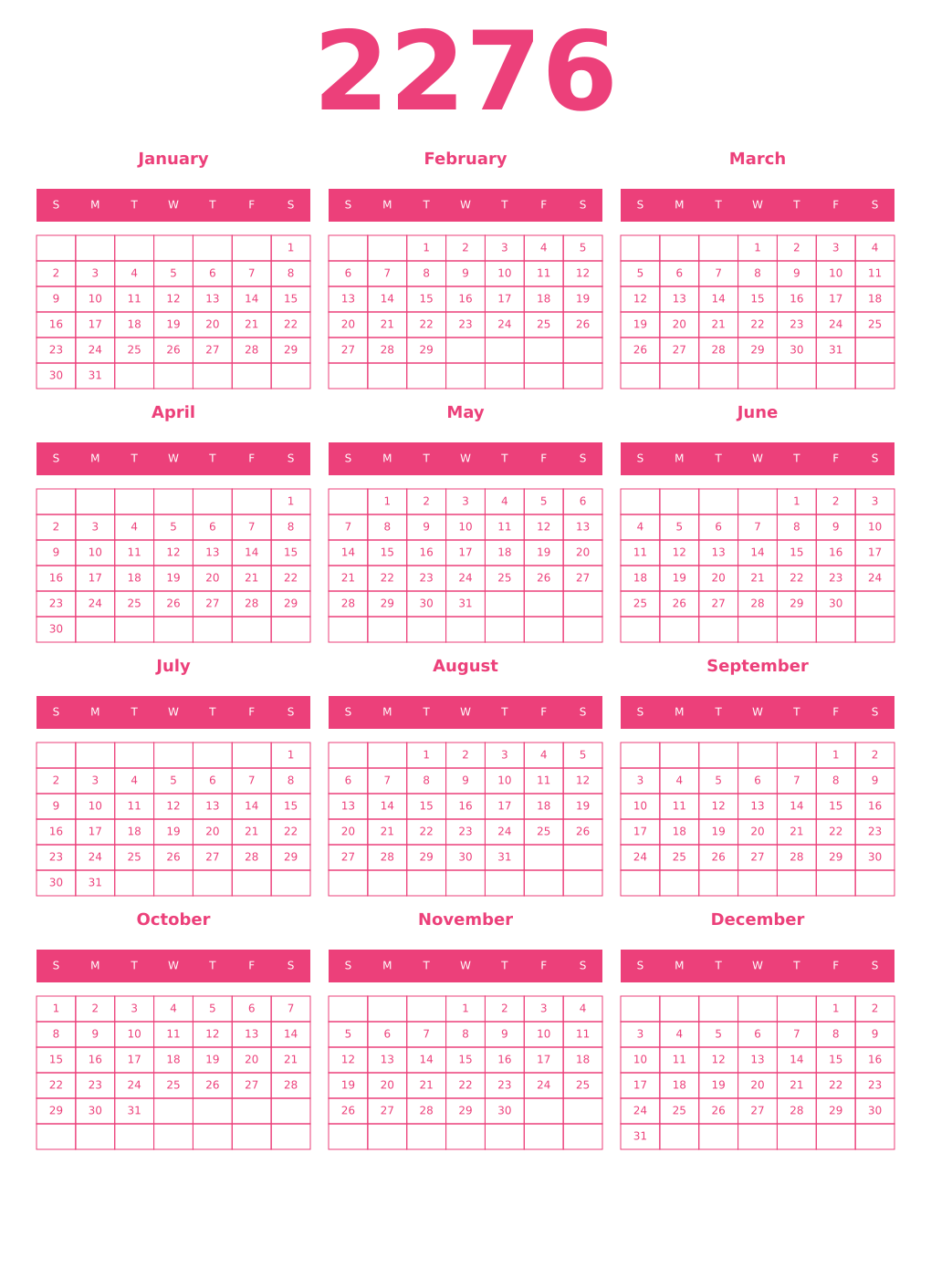 Printable 2276 Year Calendars pink
