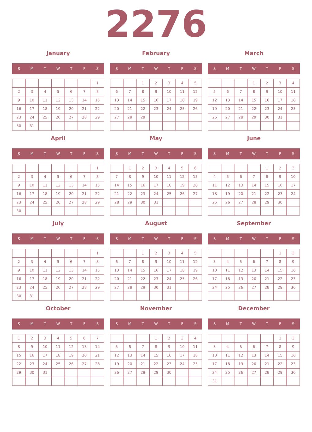 Printable 2276 Year Calendars puce