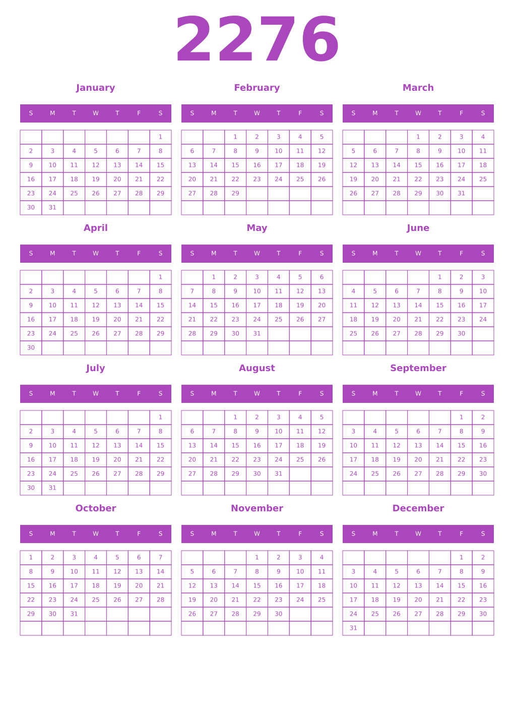 Printable 2276 Year Calendars purple