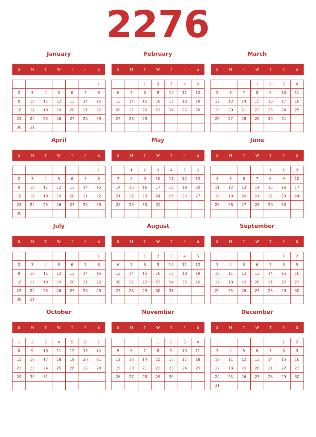 Printable 2276 Year Calendars red