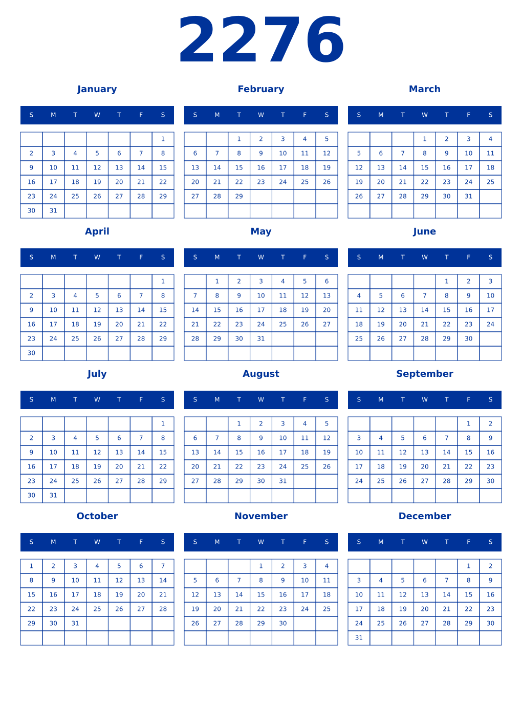 Printable 2276 Year Calendars smalt