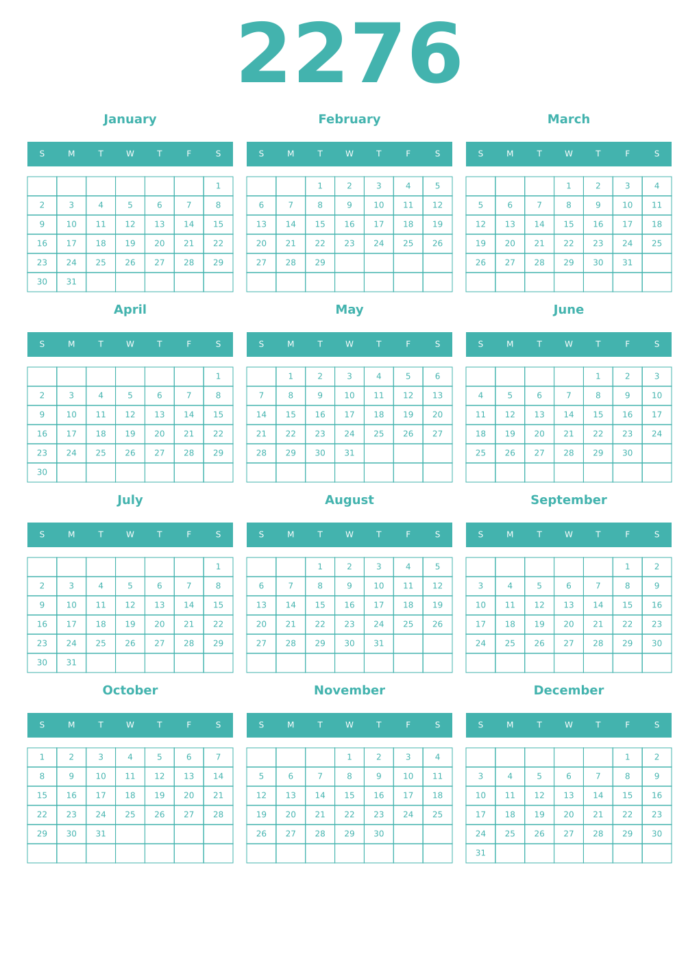Printable 2276 Year Calendars verdigris