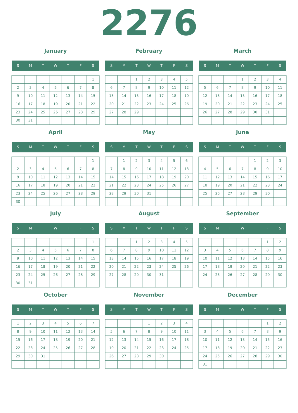 Printable 2276 Year Calendars viridian