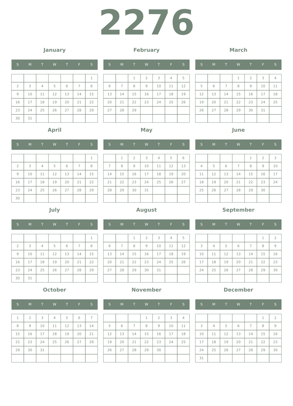 Printable 2276 Year Calendars xanadu