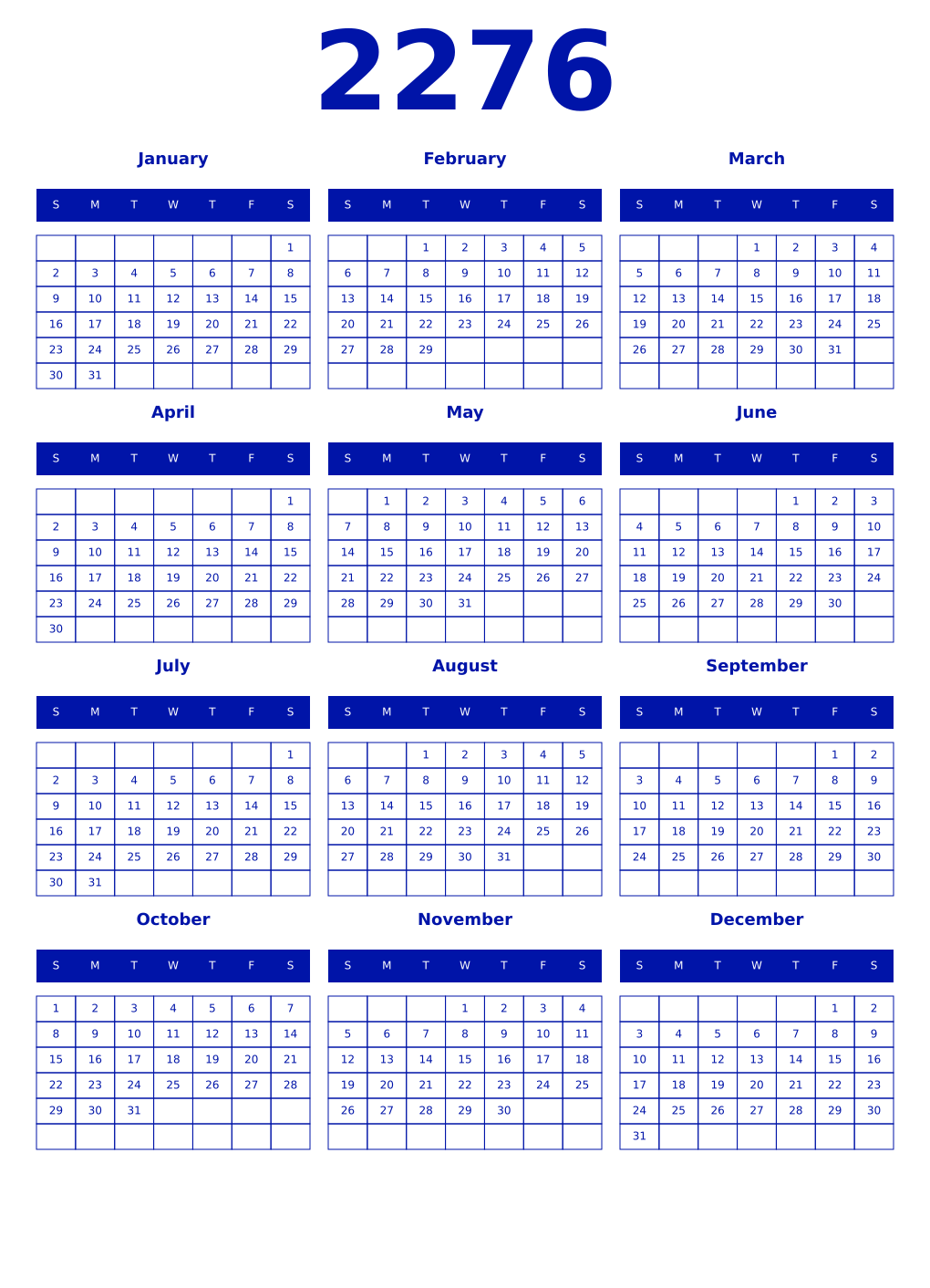 Printable 2276 Year Calendars zaffre