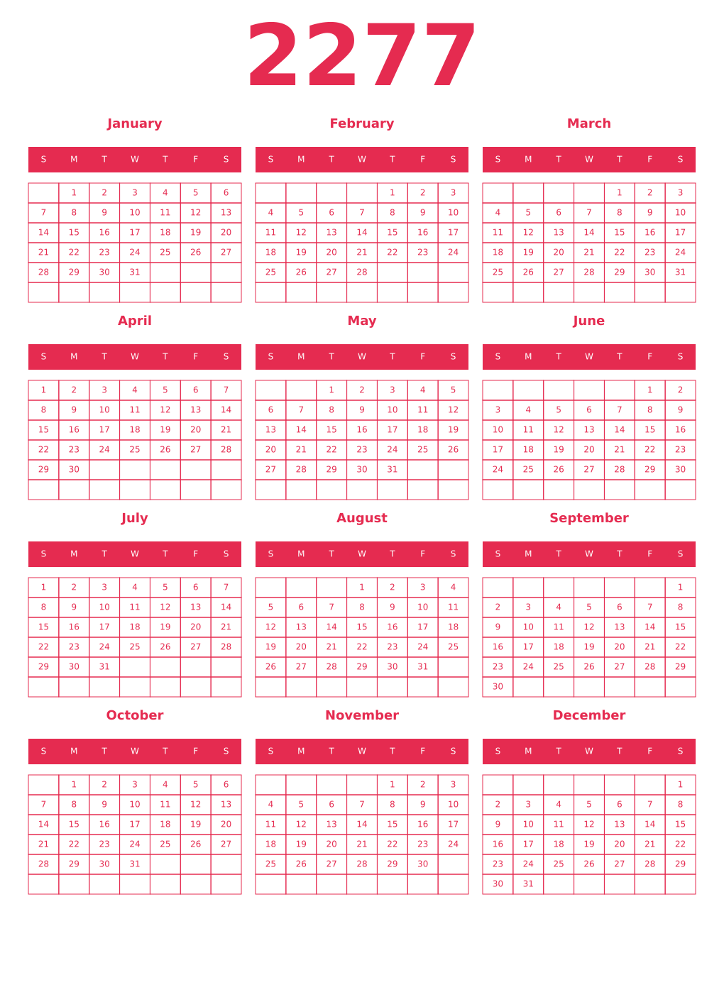 Printable 2277 Year Calendars amaranth