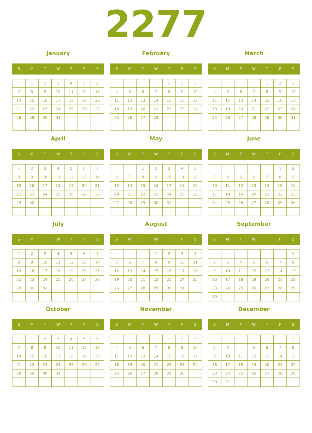 Printable 2277 Year Calendars chartreuse