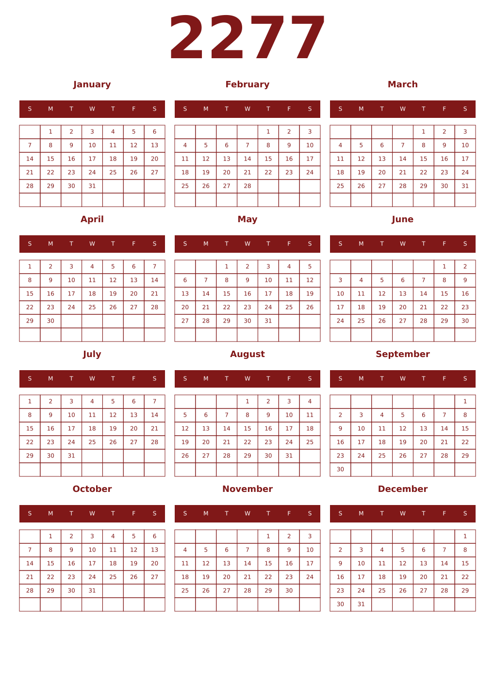 Printable 2277 Year Calendars falu