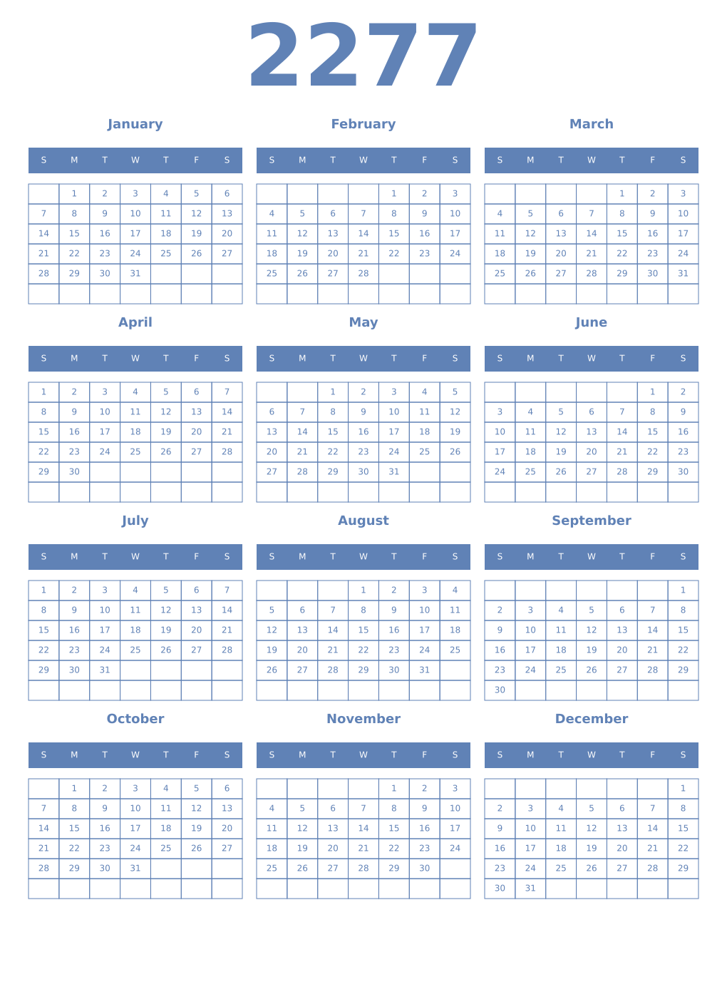 Printable 2277 Year Calendars glaucous