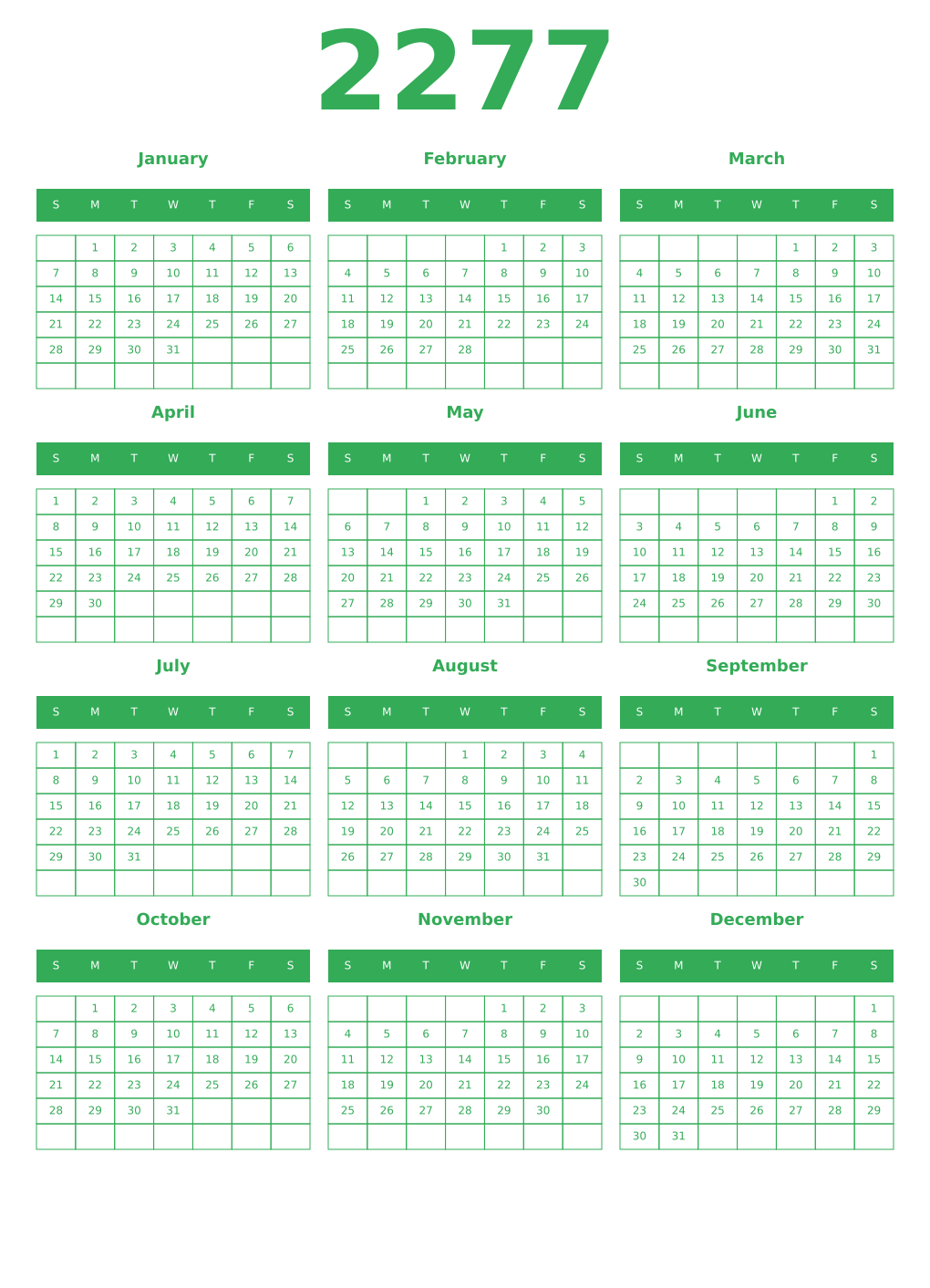 Printable 2277 Year Calendars green