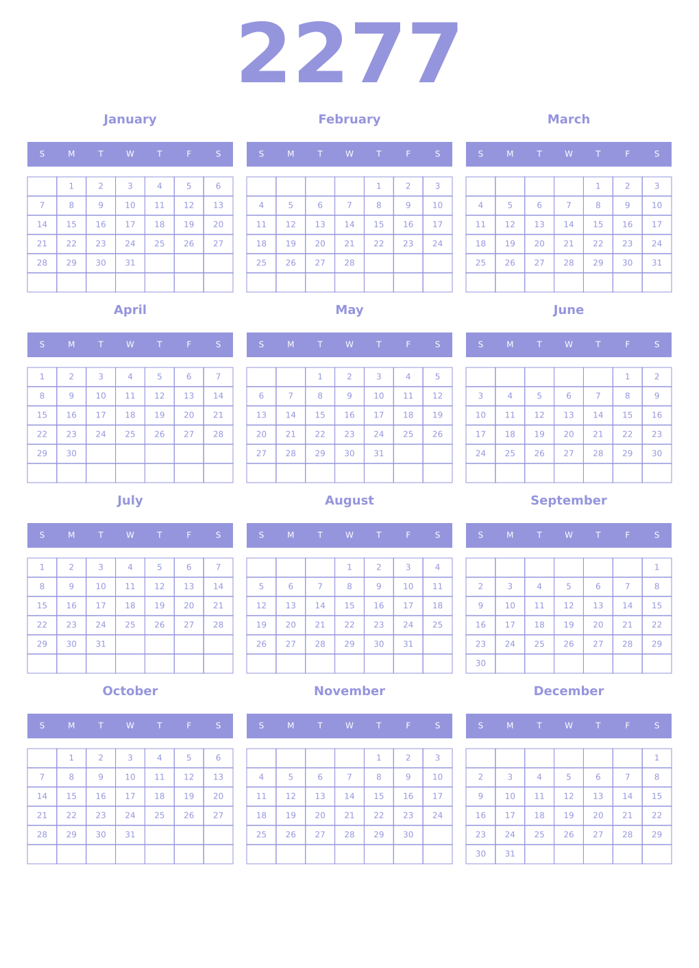 Printable 2277 Year Calendars periwinkle