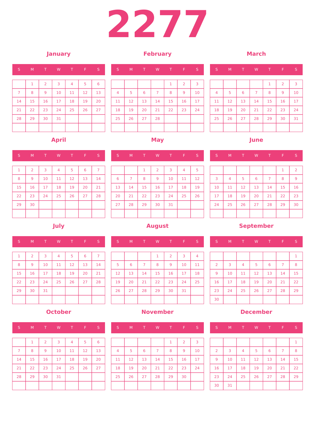 Printable 2277 Year Calendars pink