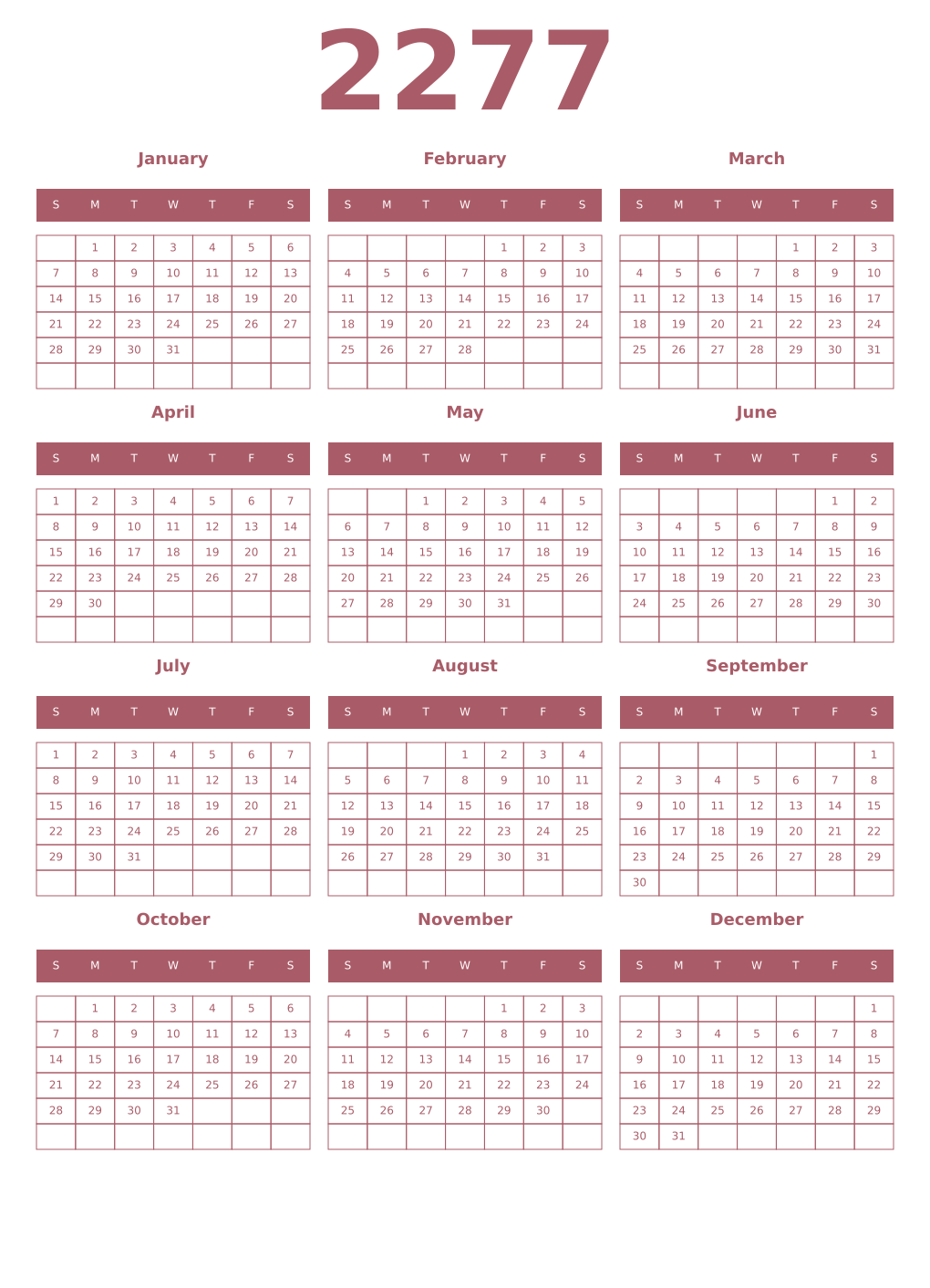 Printable 2277 Year Calendars puce