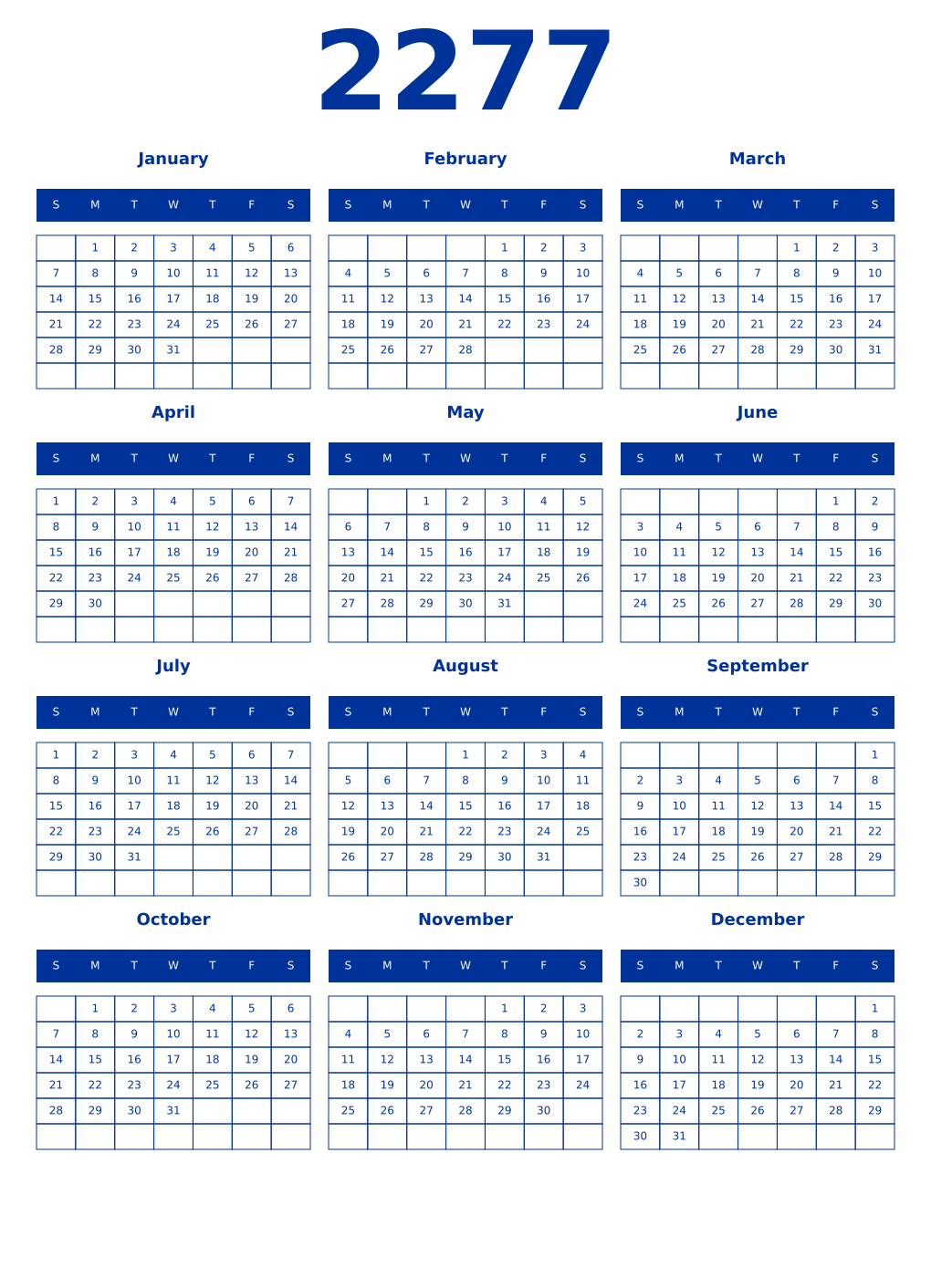 Printable 2277 Year Calendars smalt
