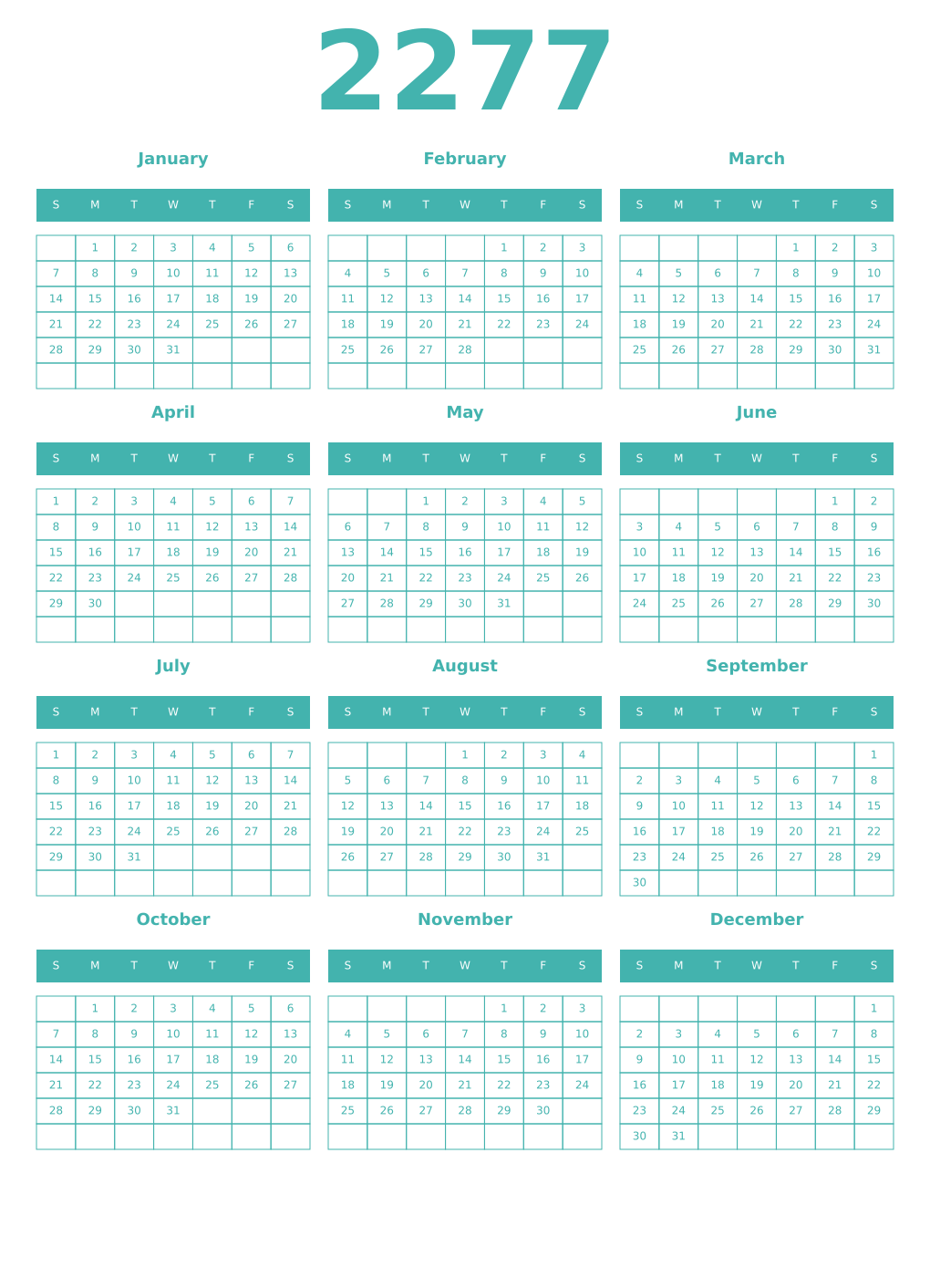 Printable 2277 Year Calendars verdigris