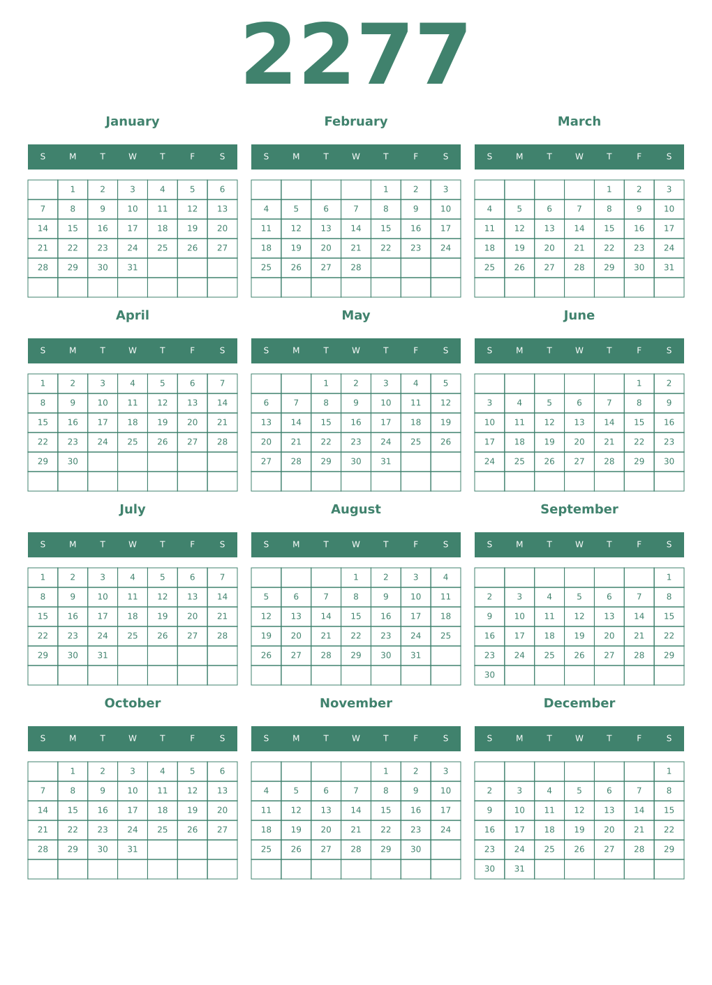 Printable 2277 Year Calendars viridian