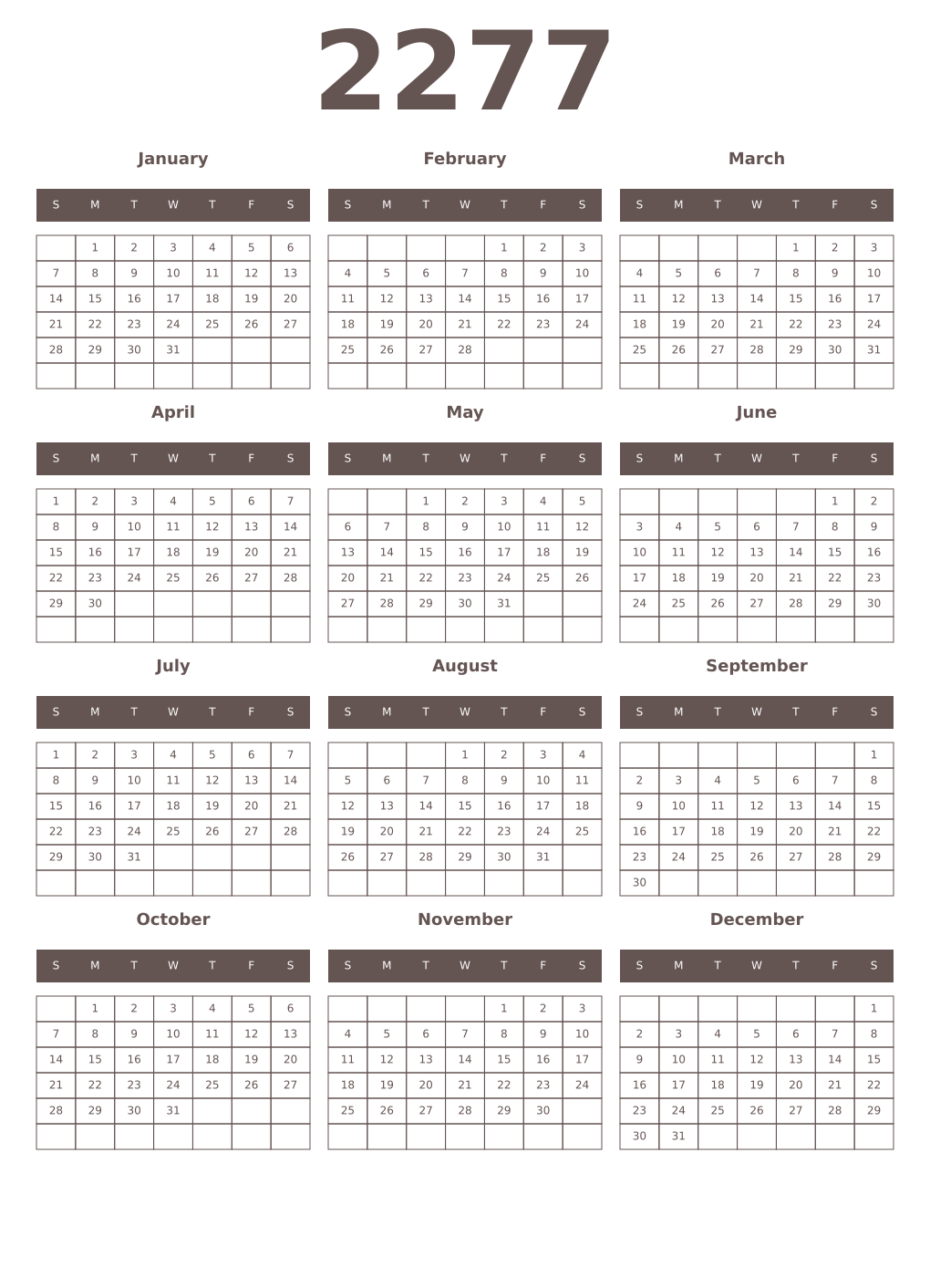 Printable 2277 Year Calendars wenge