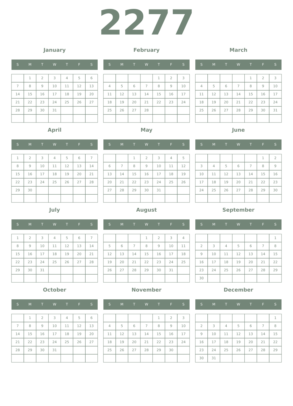Printable 2277 Year Calendars xanadu