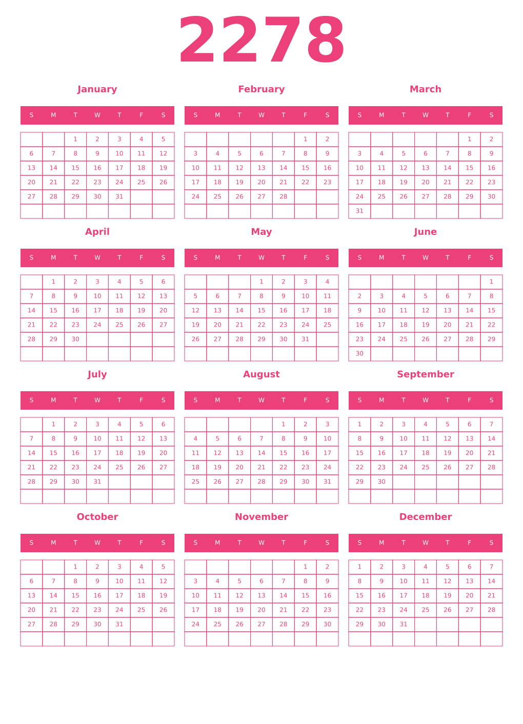 Printable 2278 Year Calendars pink