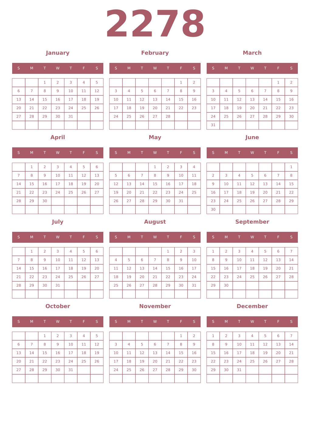 Printable 2278 Year Calendars puce