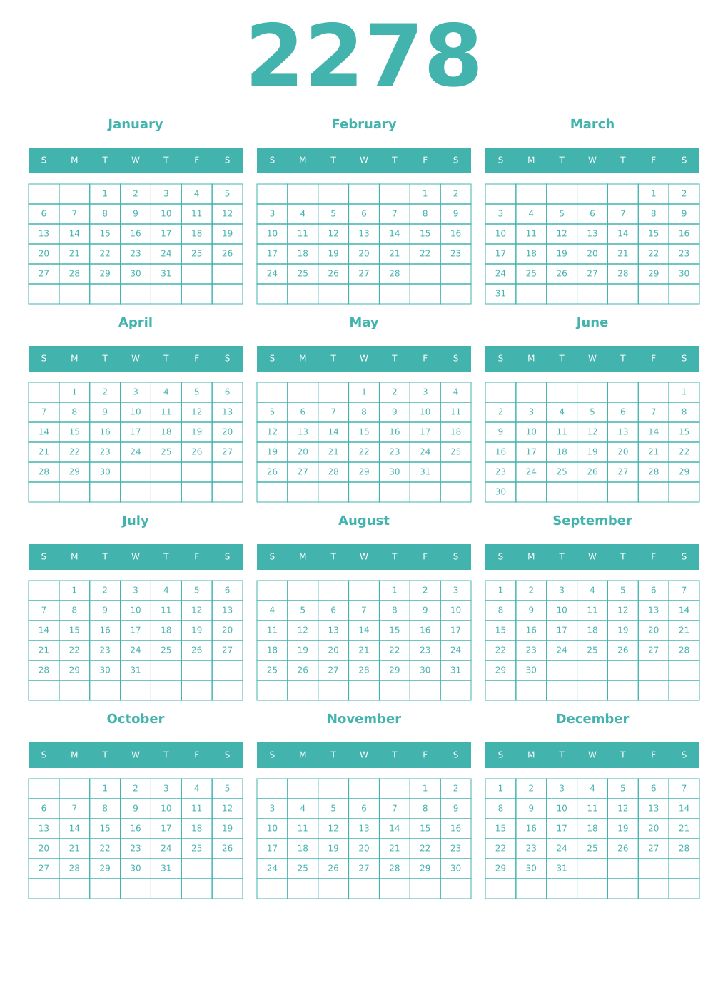 Printable 2278 Year Calendars verdigris