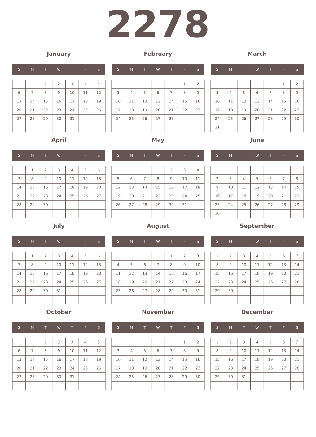 Printable 2278 Year Calendars wenge