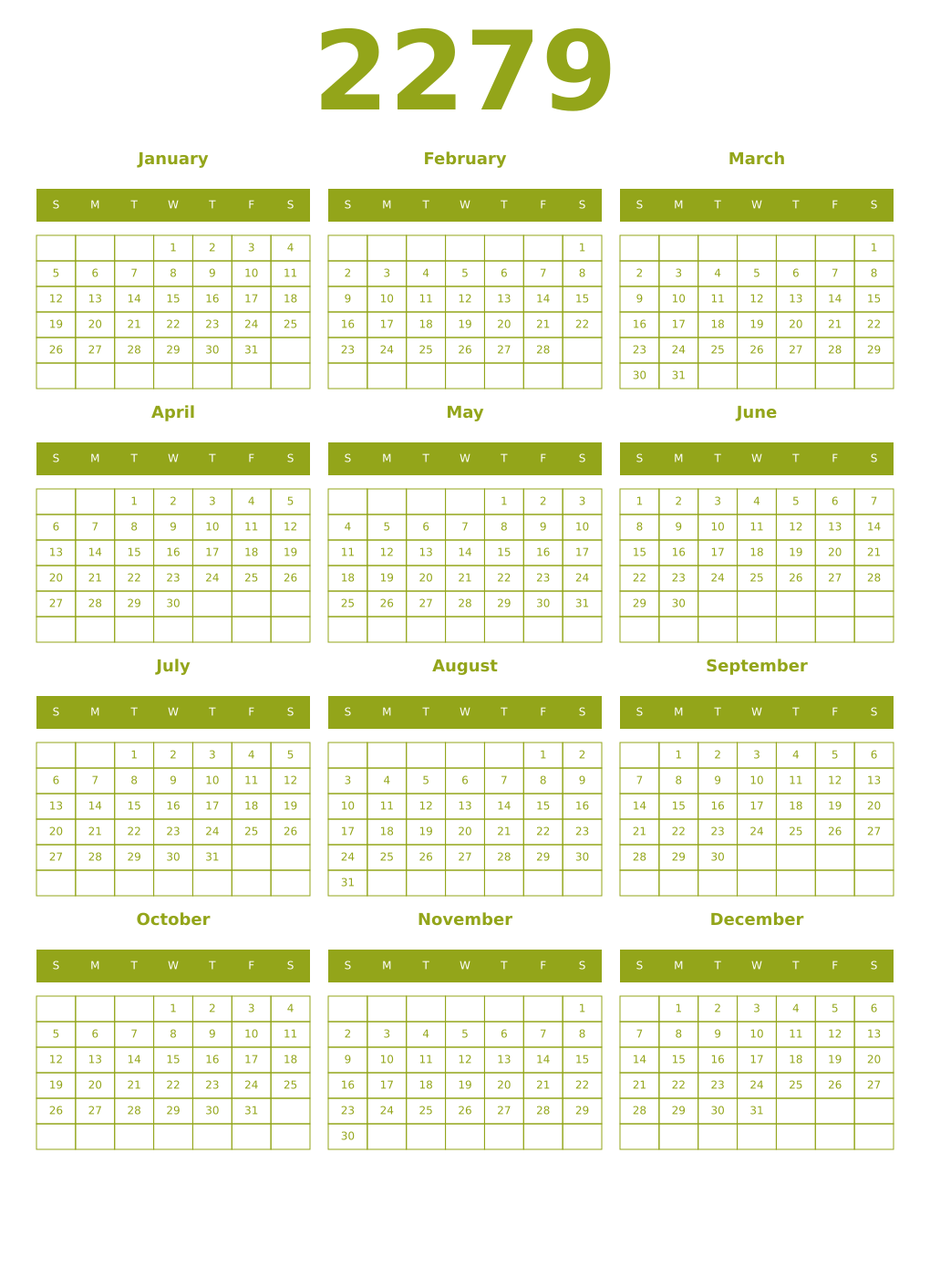 Printable 2279 Year Calendars chartreuse