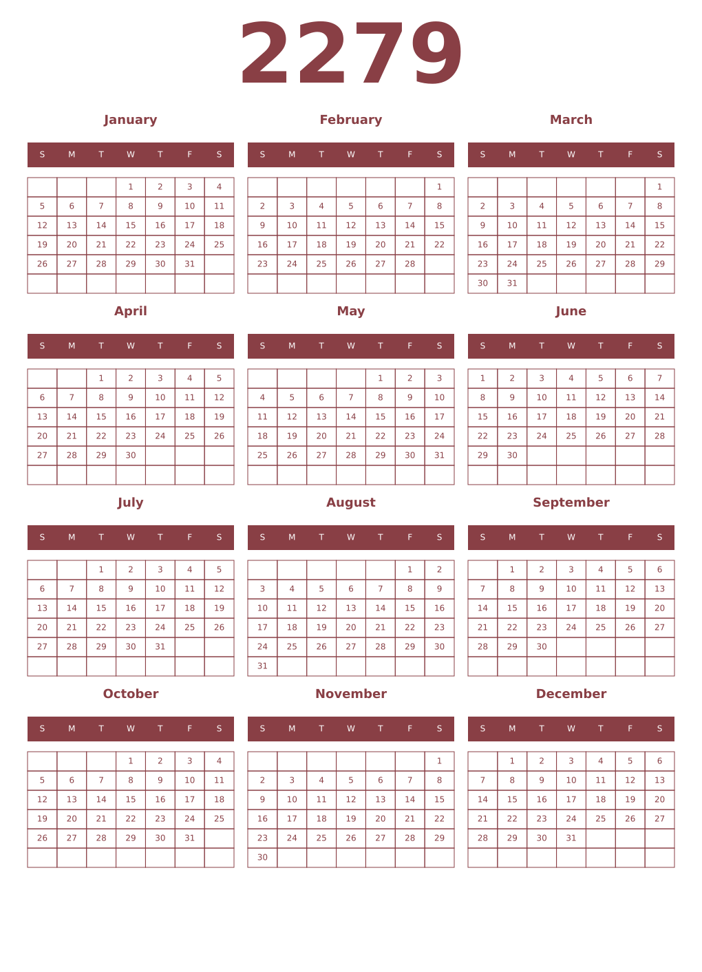 Printable 2279 Year Calendars cordovan