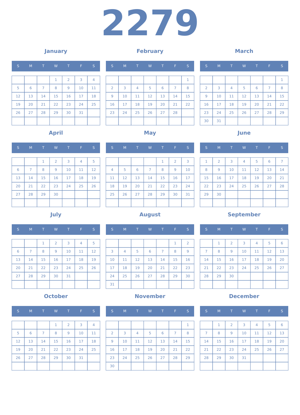 Printable 2279 Year Calendars glaucous