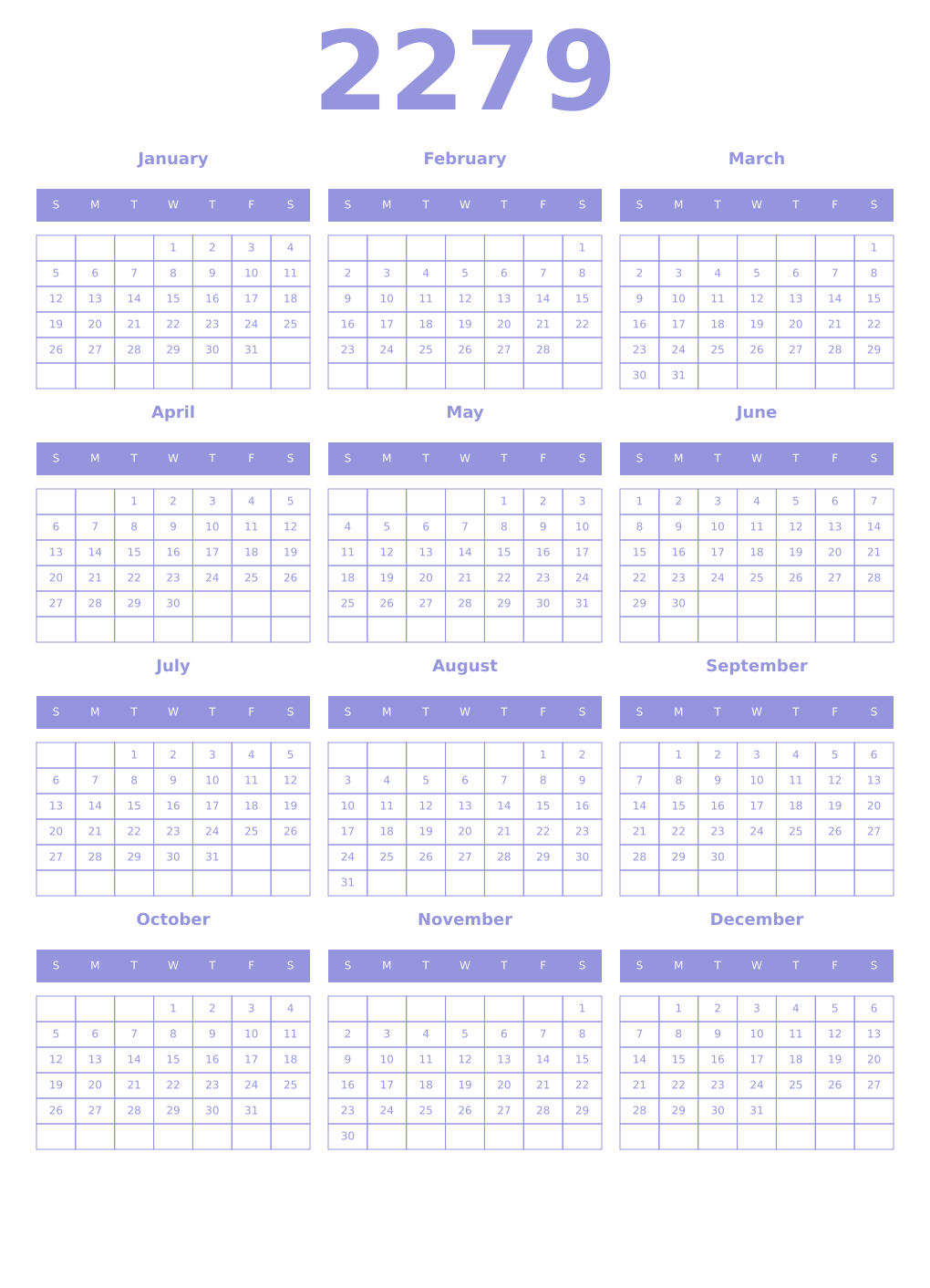 Printable 2279 Year Calendars periwinkle
