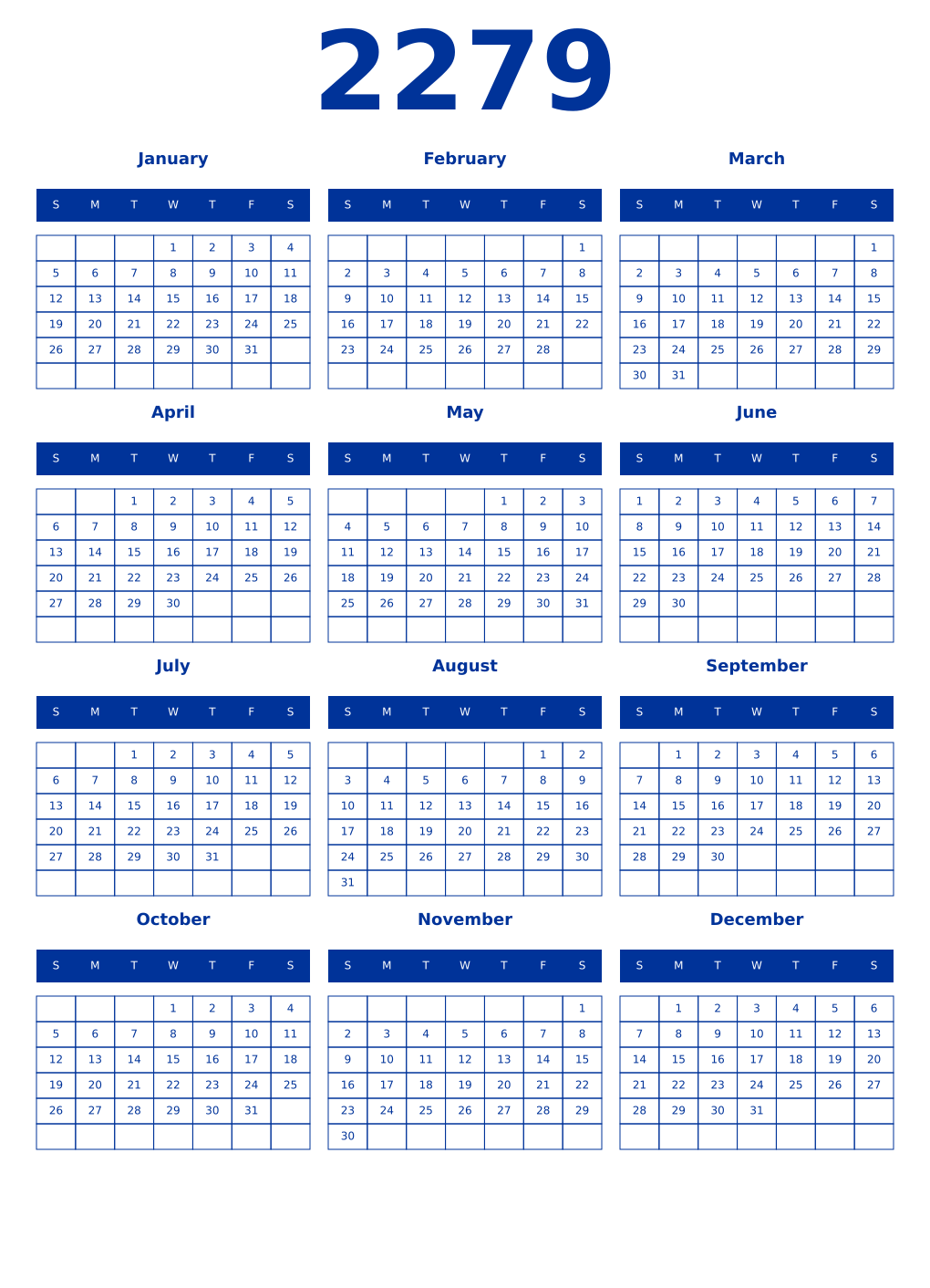 Printable 2279 Year Calendars smalt