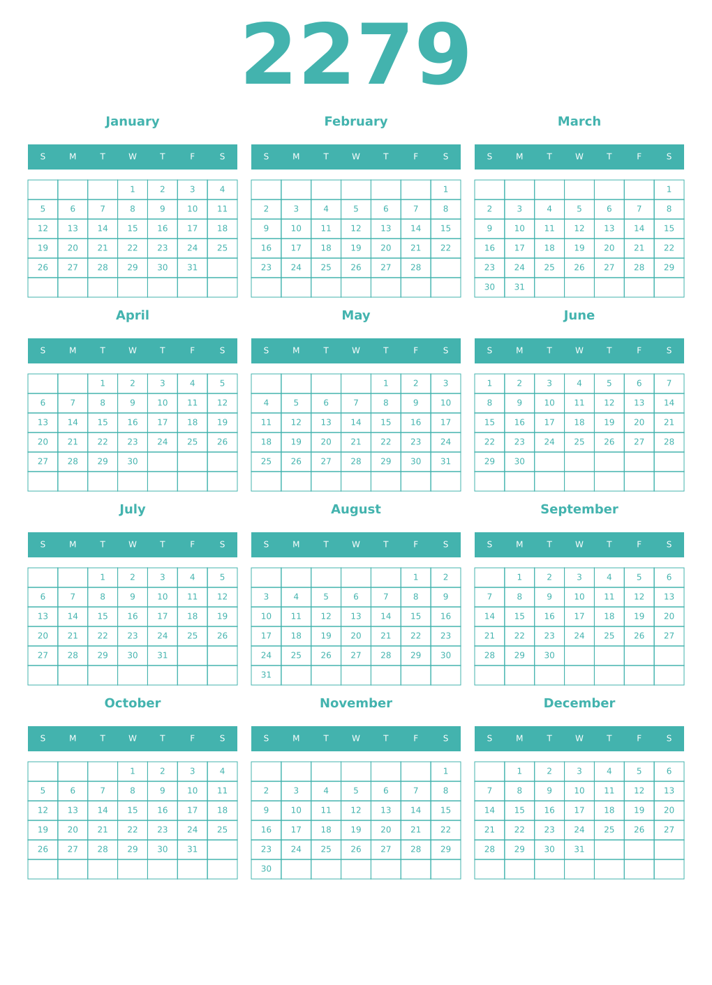 Printable 2279 Year Calendars verdigris