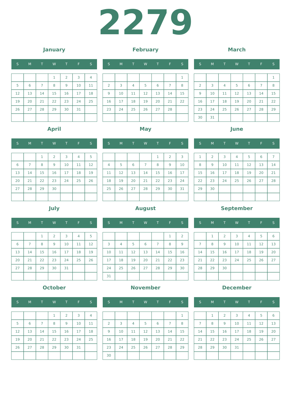 Printable 2279 Year Calendars viridian