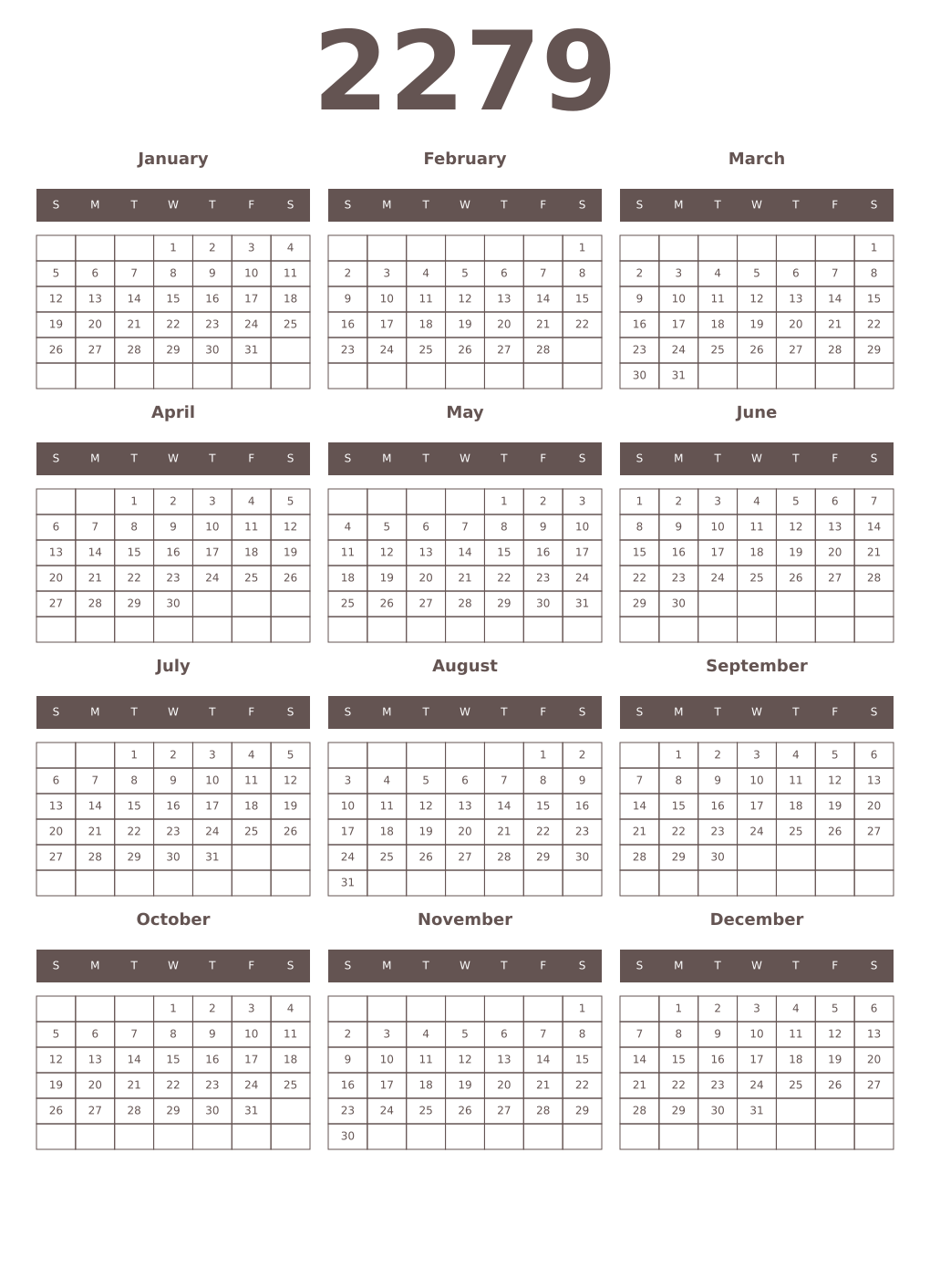 Printable 2279 Year Calendars wenge