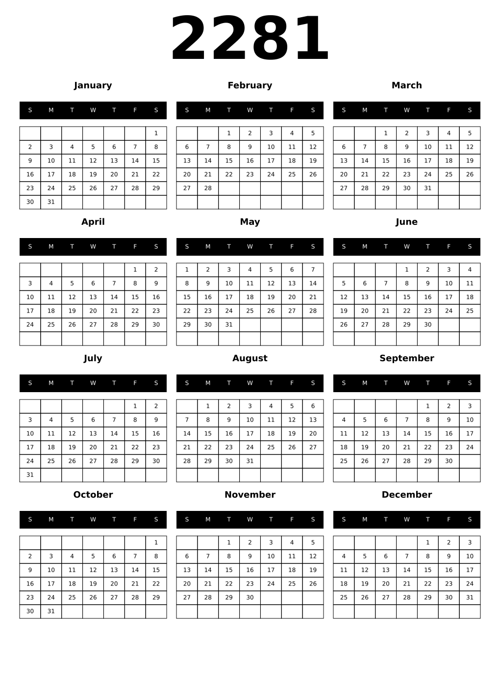 Printable 2281 Year Calendars black