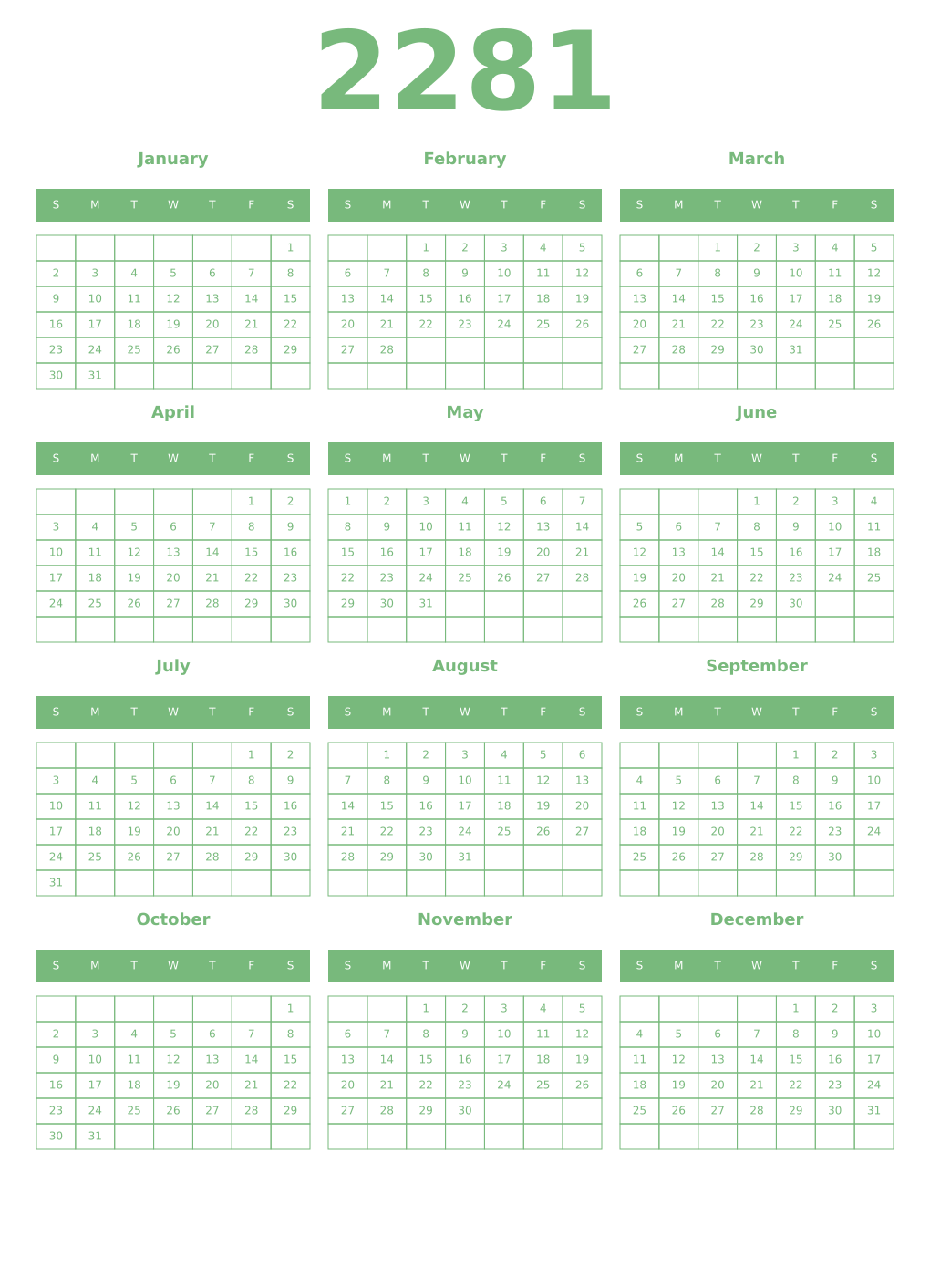 Printable 2281 Year Calendars celadon