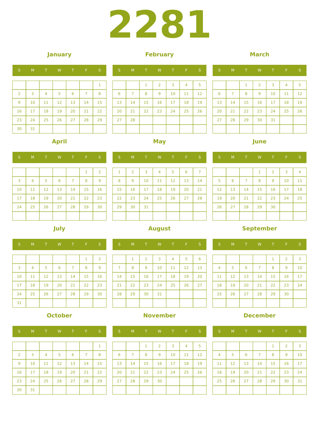 Printable 2281 Year Calendars chartreuse