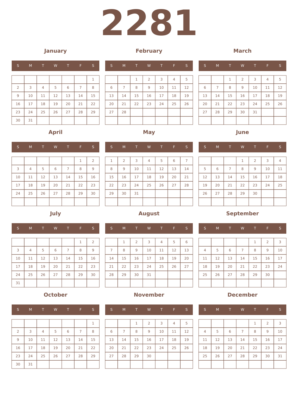 Printable 2281 Year Calendars coffe