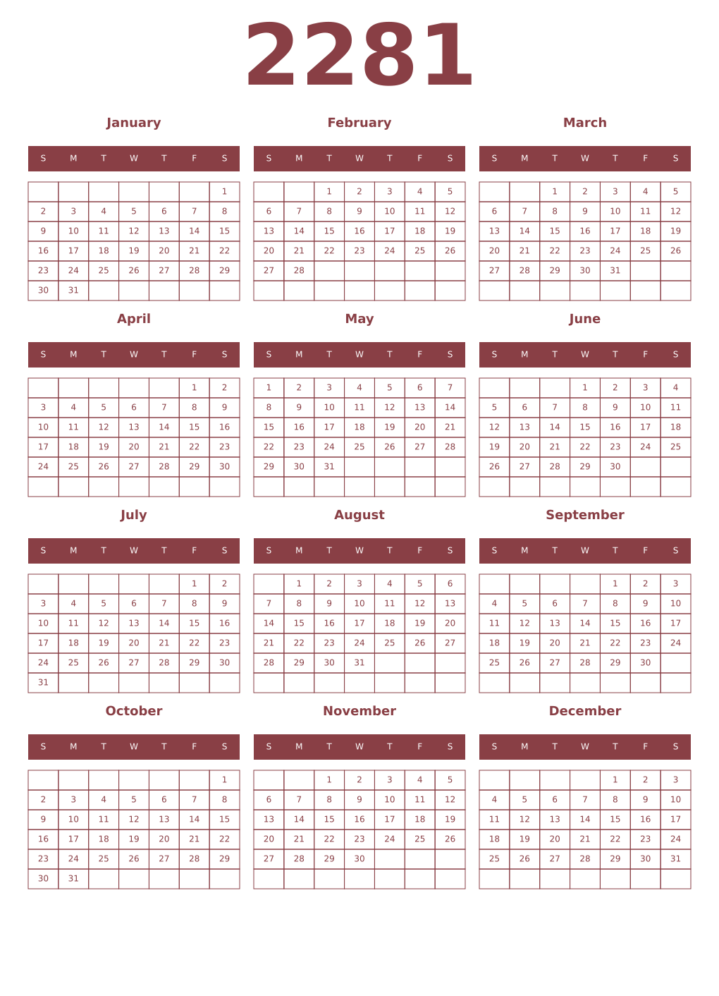 Printable 2281 Year Calendars cordovan