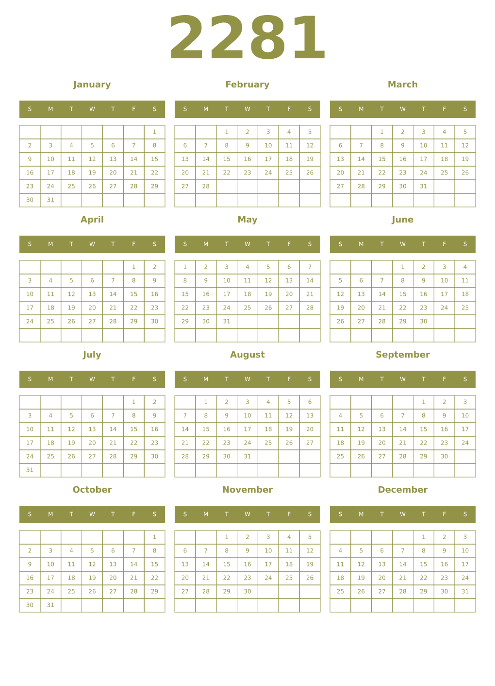 Printable 2281 Year Calendars eburnean
