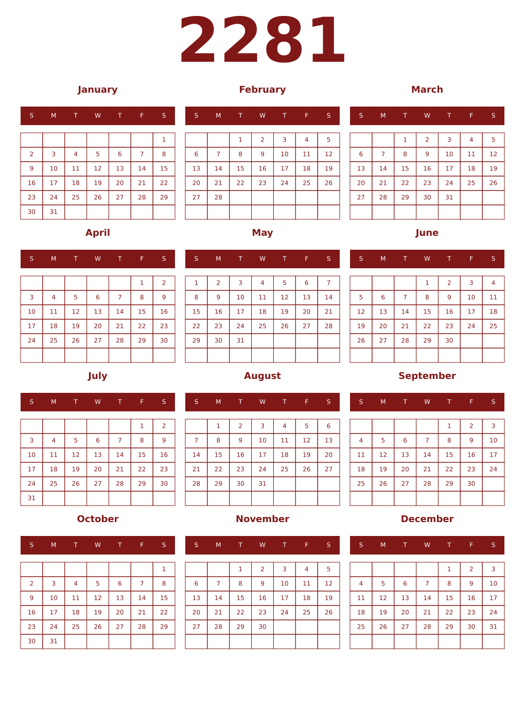Printable 2281 Year Calendars falu