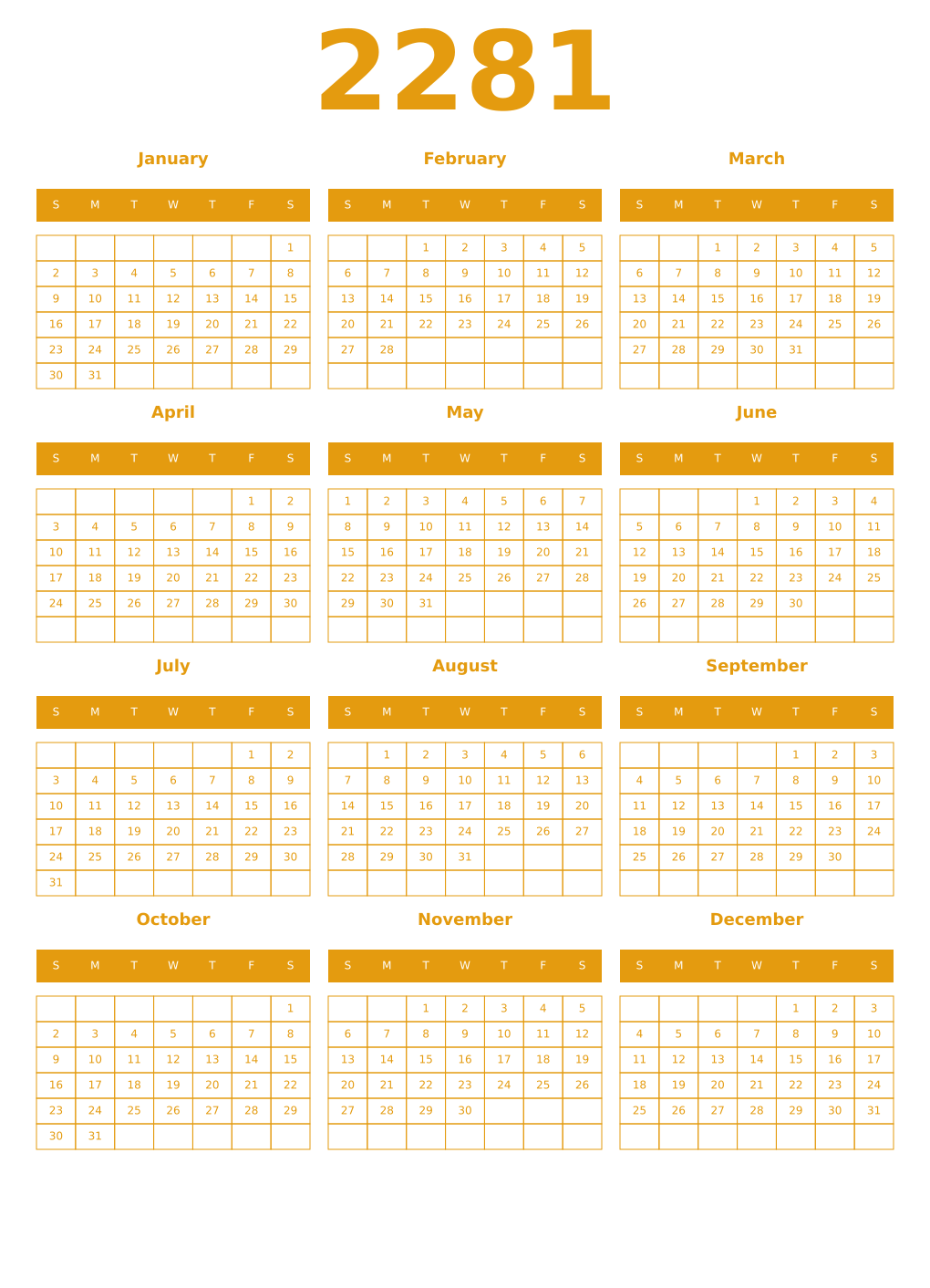 Printable 2281 Year Calendars gamboge