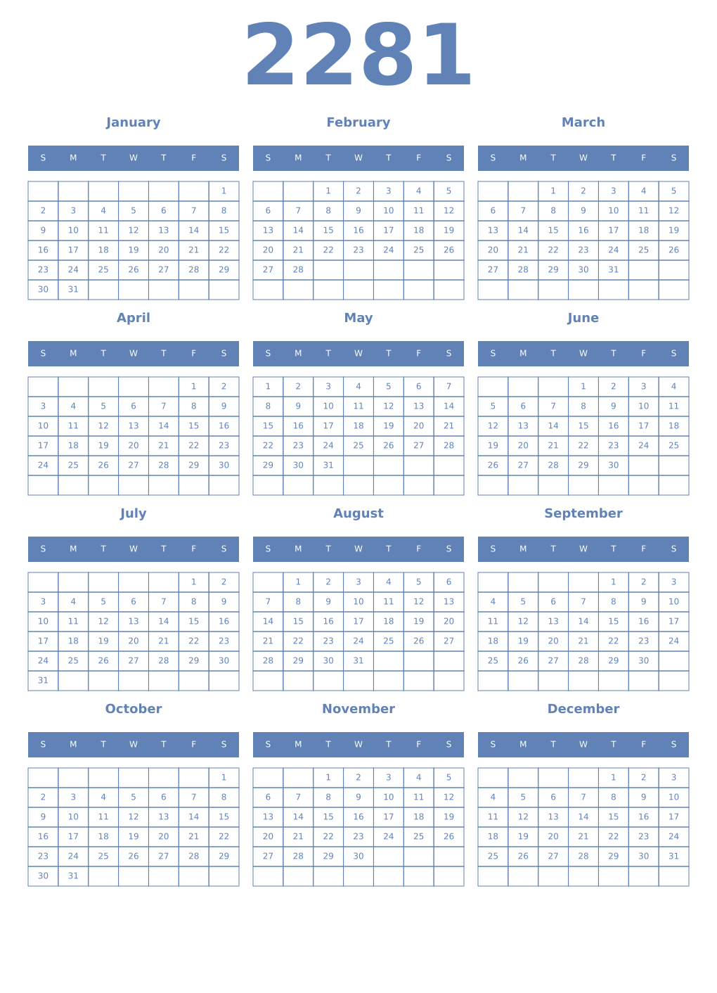 Printable 2281 Year Calendars glaucous
