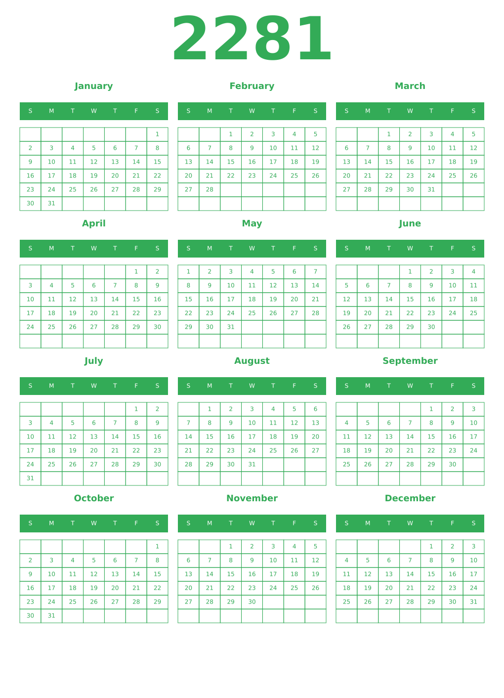 Printable 2281 Year Calendars green
