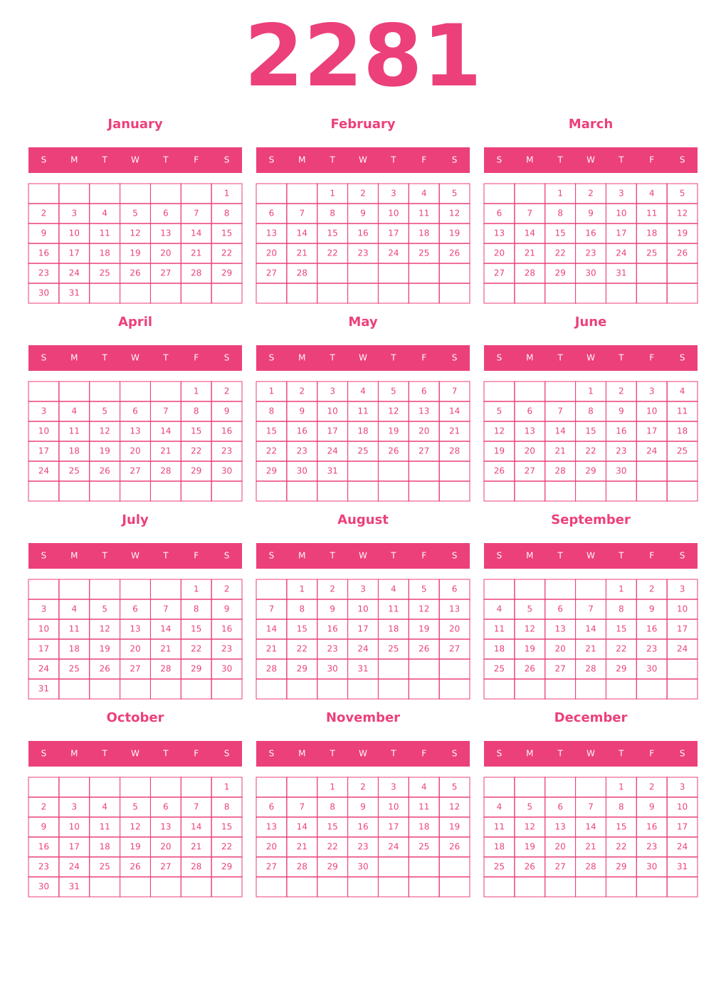 Printable 2281 Year Calendars pink