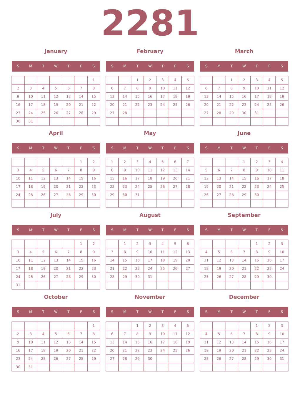 Printable 2281 Year Calendars puce